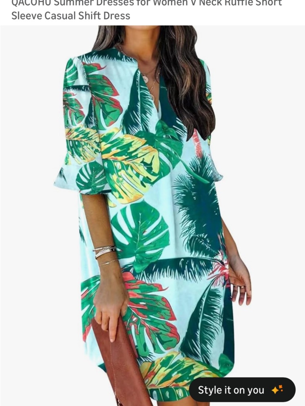 Tropical Leaf V-Neck Dress in Aqua/Green